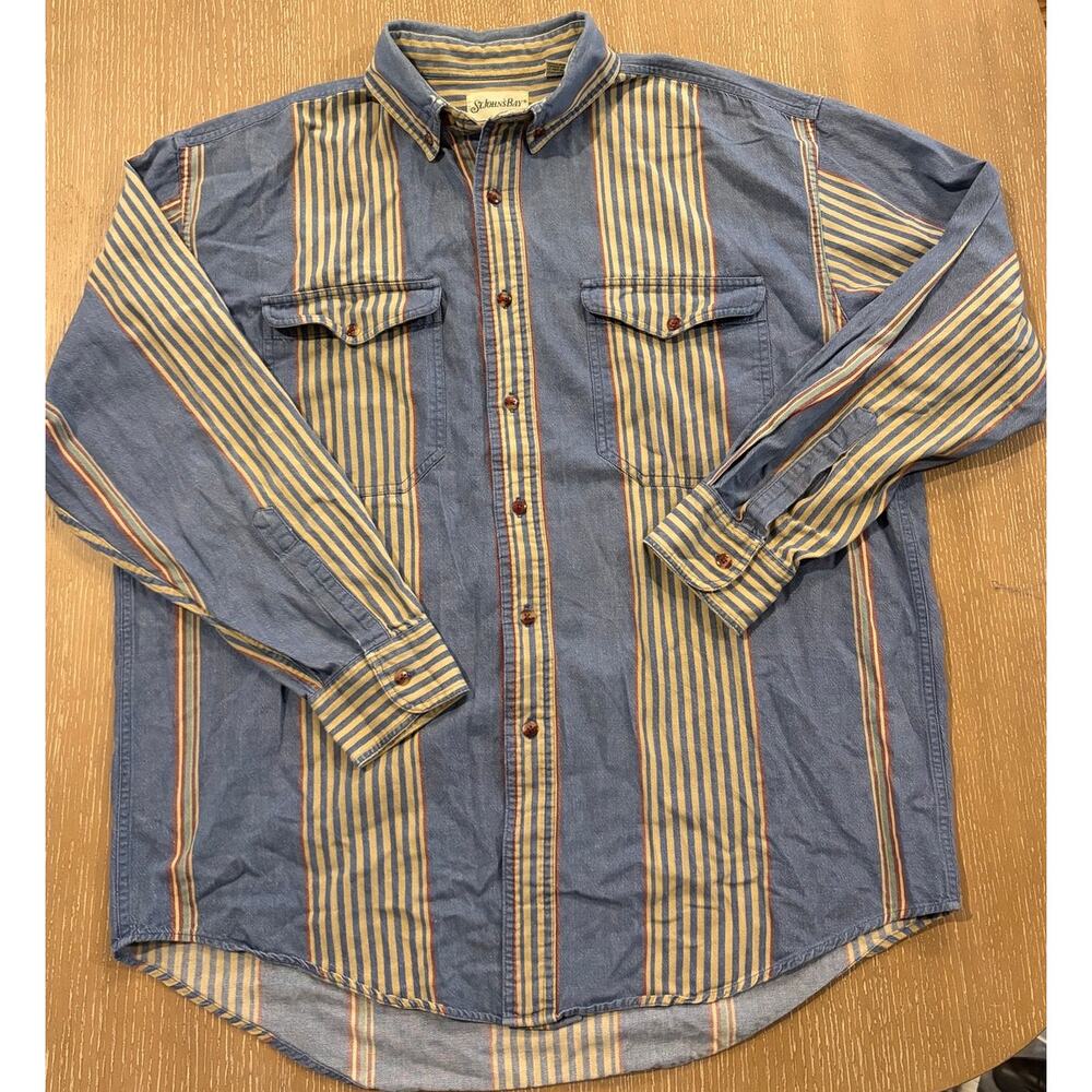 VTG Denim Cotton Men Large Stripe Button Down Shirt 90s Heritage St Johns‎ Bay
